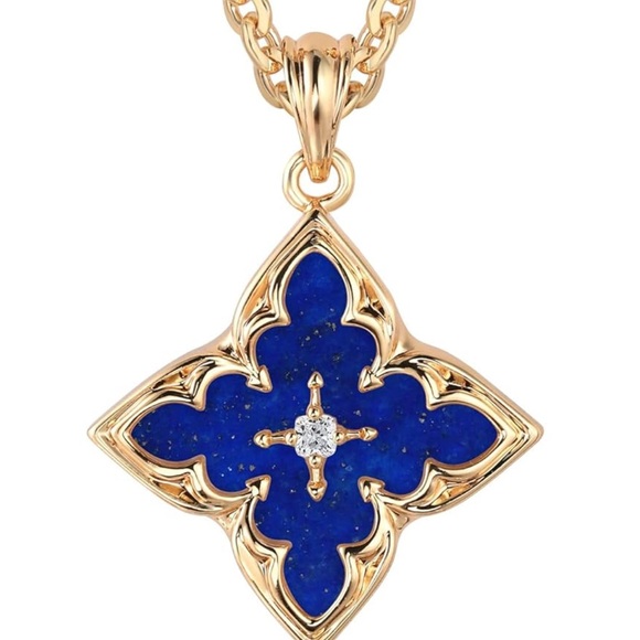 Gold Lapis Stone Clover Necklace - Picture 2 of 5